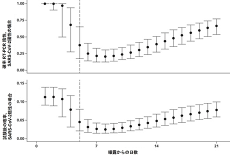SARS-CoV-2感染後にRT-PCR検査結果が陰性となる確率(上段)およびRT-PCR検査結果が陰性後にSARS-CoV-2に感染している確率(下段)(曝露後日数別)