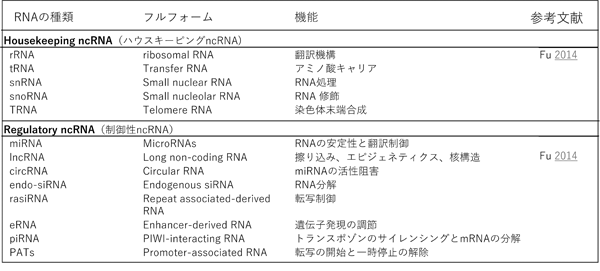 さまざまな種類のRNAと主要な非コードRNA